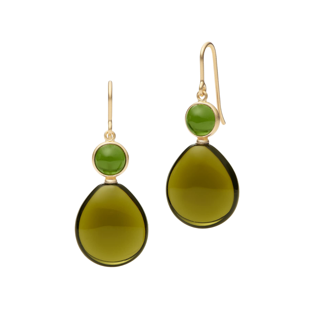 Prime drop øreringe med moss green og oliven krystal - forgyldt