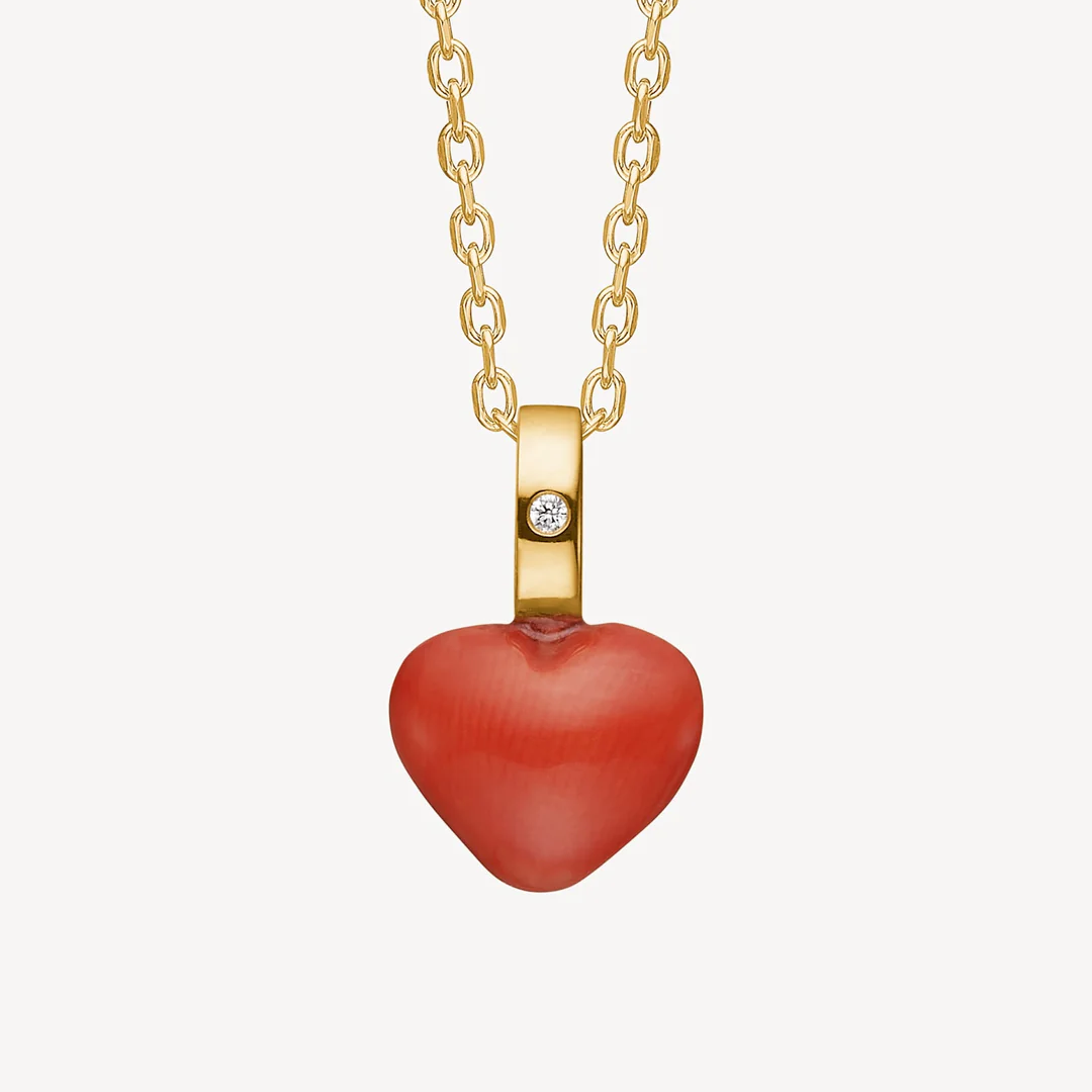 Rødt hjertevedhæng 8mm med koral og diamant - 10 karat guld