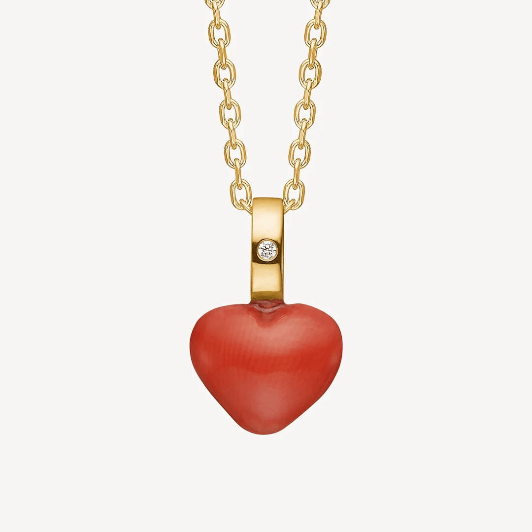 Carré Vedhæng Rødt hjertevedhæng 8mm med koral og diamant - 10 karat guld