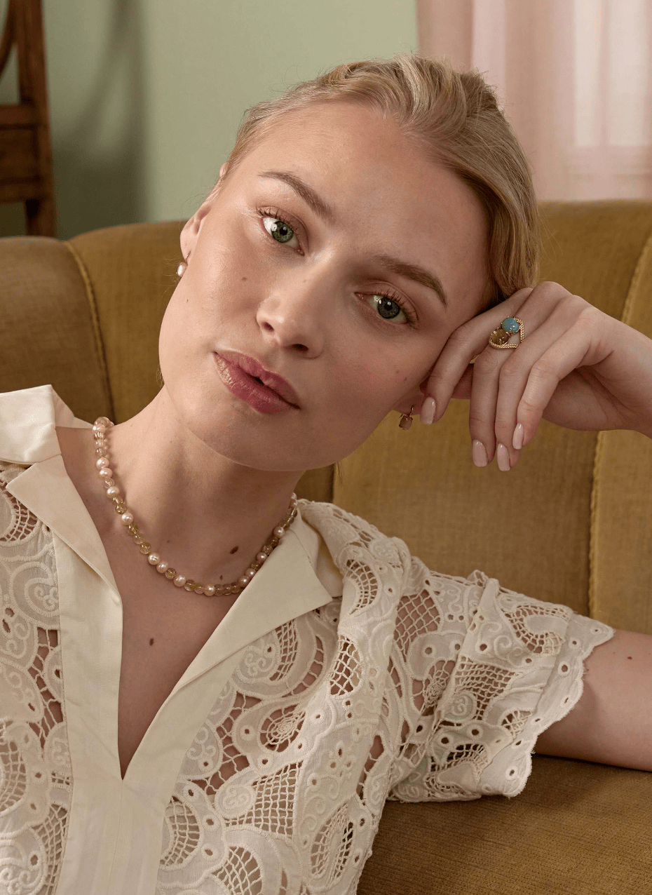 Carré Lucy halskæde med gylden rutil kvarts og Pink ferskvandsperle - forgyldt FC 4677 GRTBN 42cm