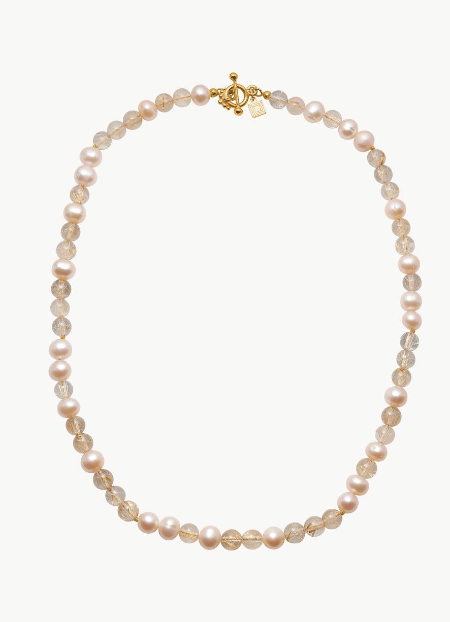 Carré Lucy halskæde med gylden rutil kvarts og Pink ferskvandsperle - forgyldt FC 4677 GRTBN 42cm